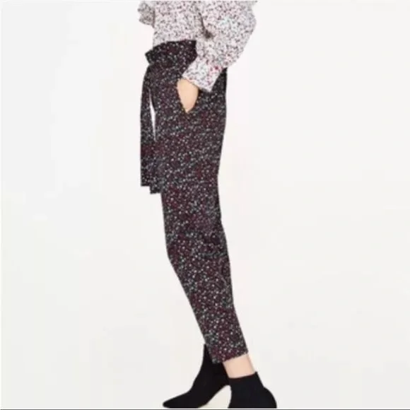 ZARA BASiC Floral Paperbag Belted Ankle Pants - Picture 2 of 10